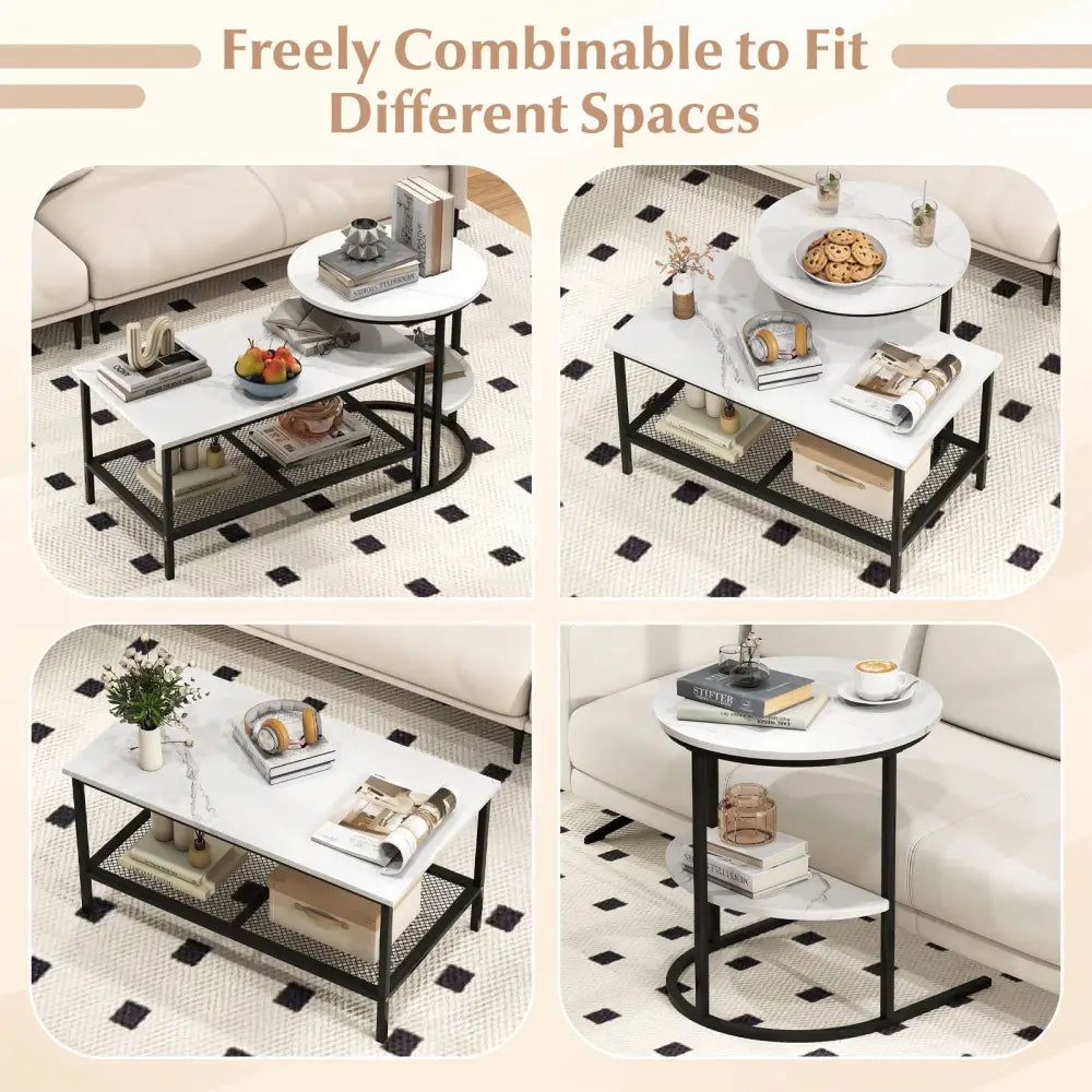 Coffee Table Set of 2 2-Tier Rectangle Coffee Table and Side End Table with Storage Shelves-White - White - Coffee