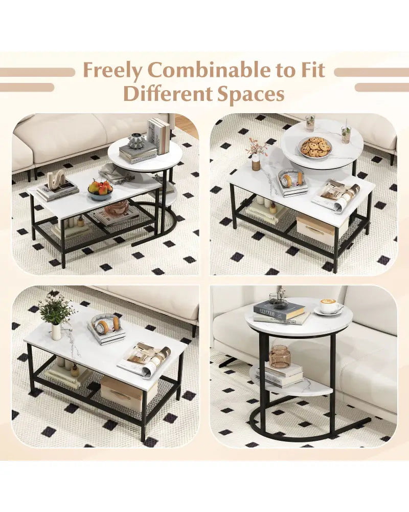 Coffee Table Set of 2 2-Tier Rectangle Coffee Table and Side End Table with Storage Shelves-White - White - Coffee