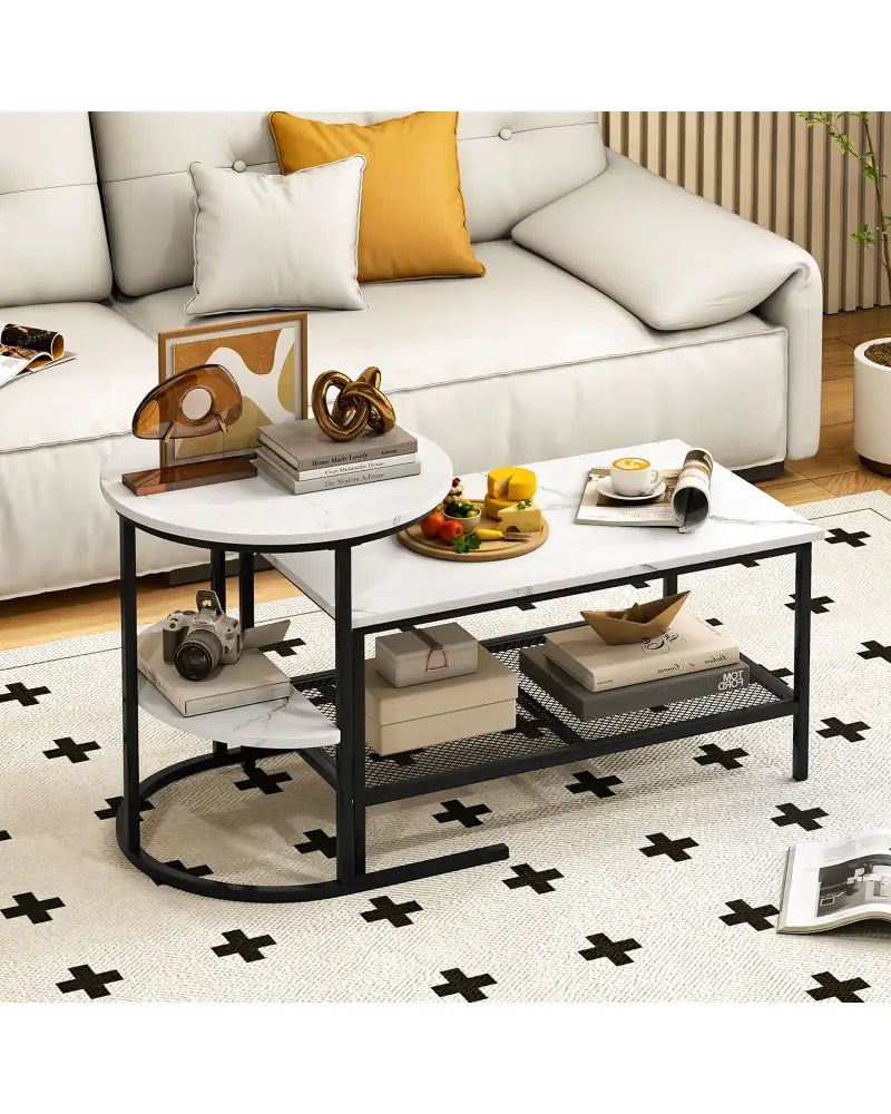 Coffee Table Set of 2 2-Tier Rectangle Coffee Table and Side End Table with Storage Shelves-White - White - Coffee