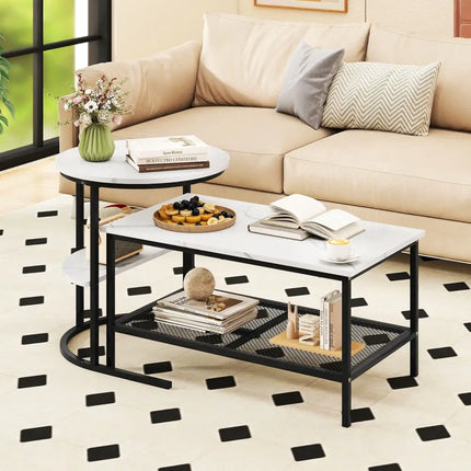 Coffee Table Set of 2 2-Tier Rectangle Coffee Table and Side End Table with Storage Shelves-White - White - Coffee