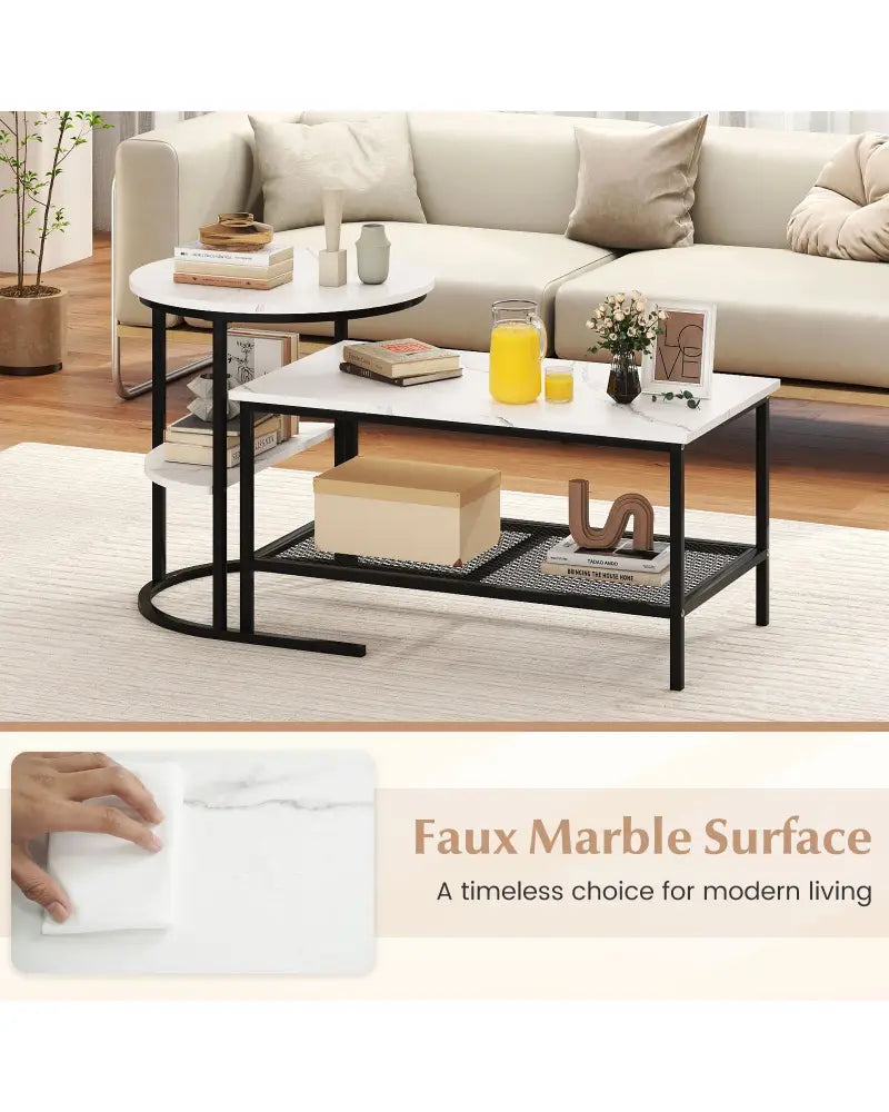 Coffee Table Set of 2 2-Tier Rectangle Coffee Table and Side End Table with Storage Shelves-White - White - Coffee
