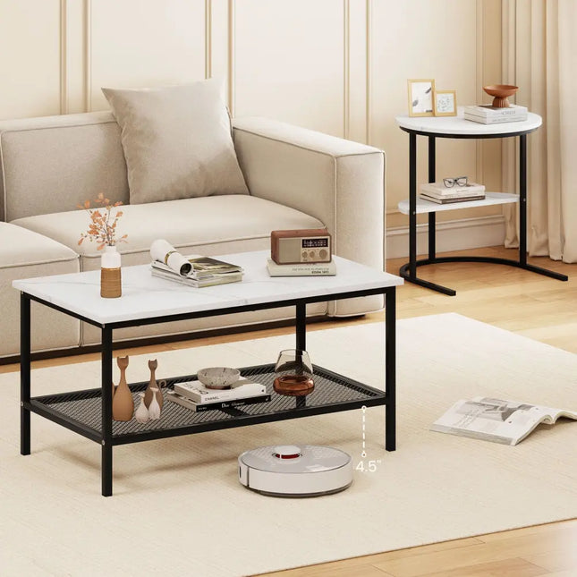 Coffee Table Set of 2 2-Tier Rectangle Coffee Table and Side End Table with Storage Shelves-White - White - Coffee