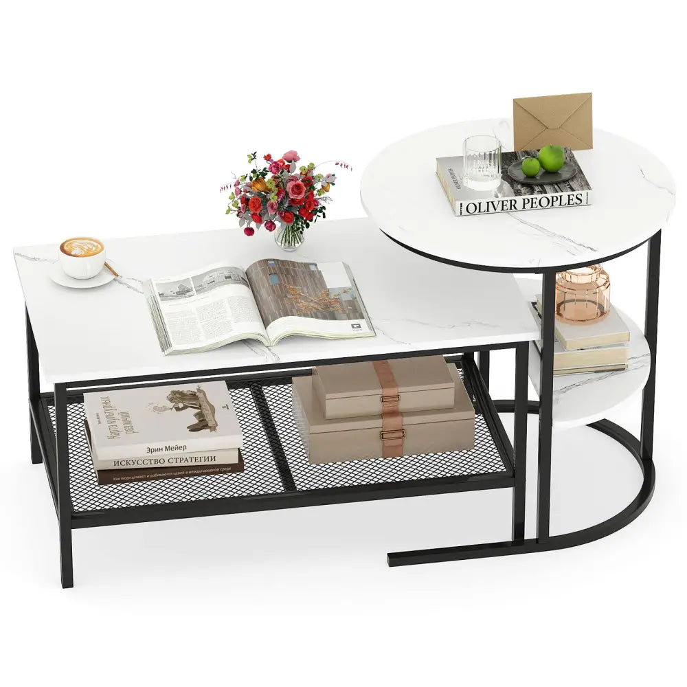 Coffee Table Set of 2 2-Tier Rectangle Coffee Table and Side End Table with Storage Shelves-White - White - Coffee