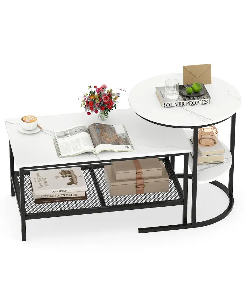 Coffee Table Set of 2 2-Tier Rectangle Coffee Table and Side End Table with Storage Shelves-White - White - Coffee