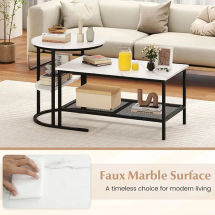 Coffee Table Set of 2 2-Tier Rectangle Coffee Table and Side End Table with Storage Shelves-White - White - Coffee