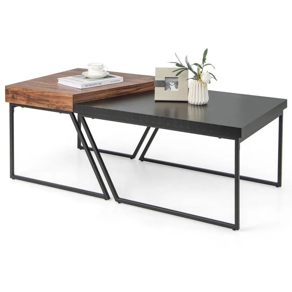 Coffee Table Set of 2 with Powder Coated Metal Legs-Black - Black - Coffee Tables