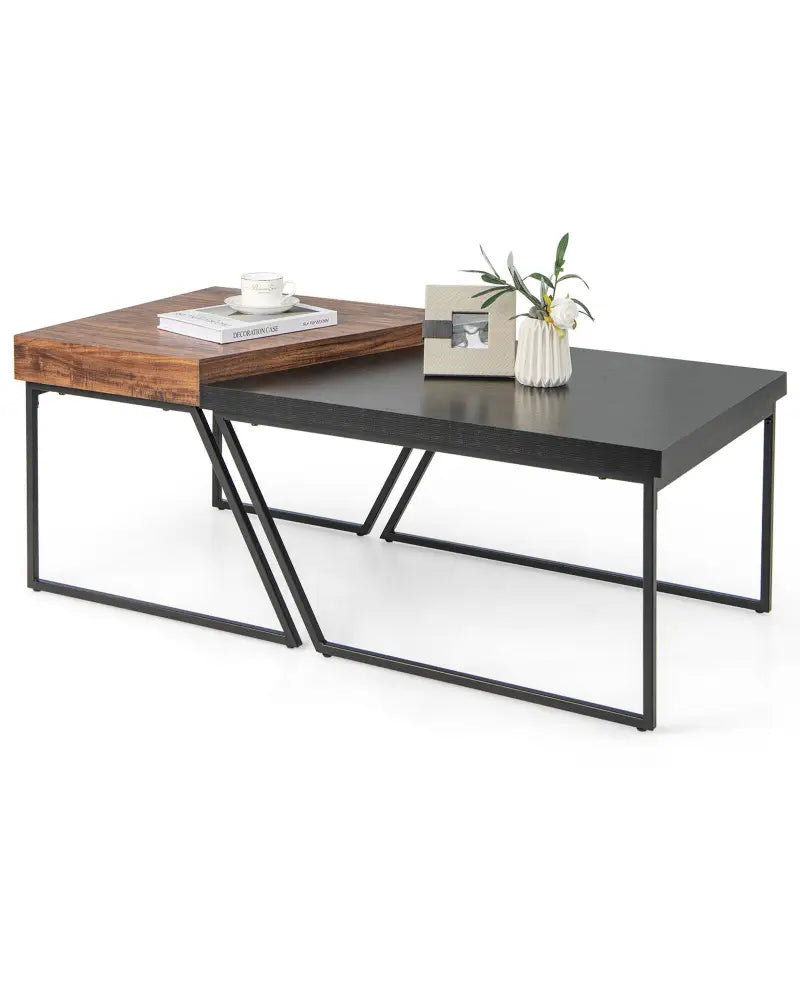 Coffee Table Set of 2 with Powder Coated Metal Legs-Black - Black - Coffee Tables