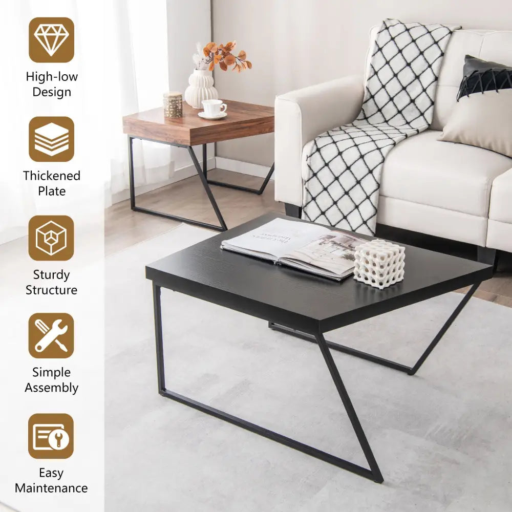 Coffee Table Set of 2 with Powder Coated Metal Legs-Black - Black - Coffee Tables