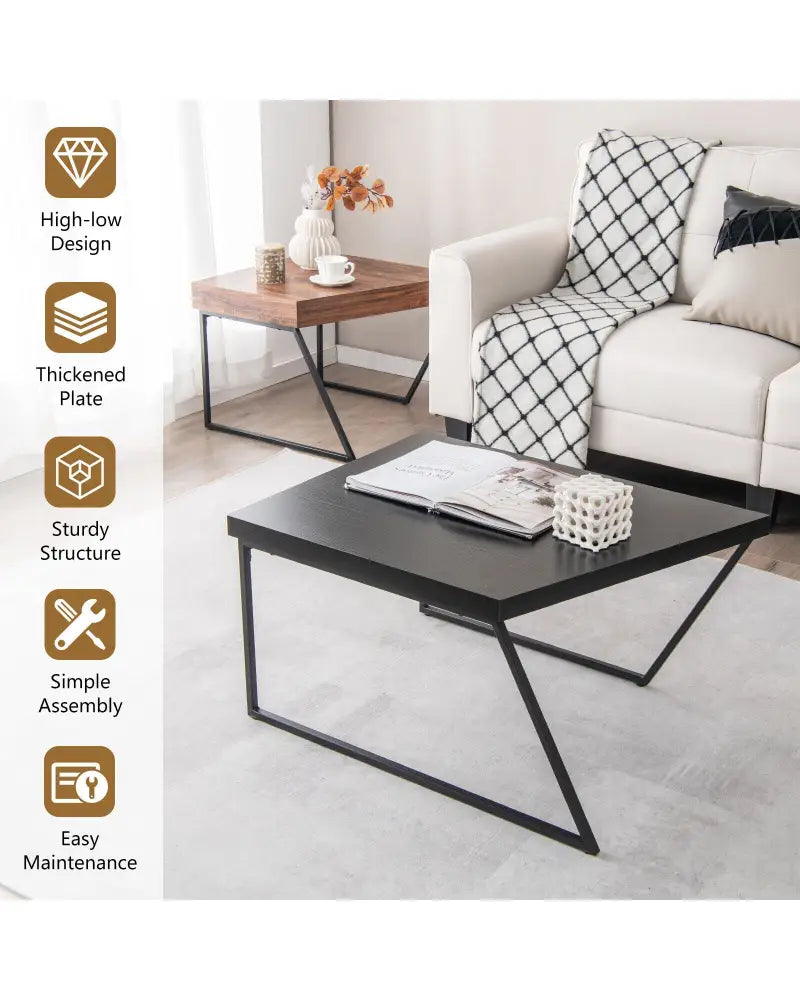 Coffee Table Set of 2 with Powder Coated Metal Legs-Black - Black - Coffee Tables