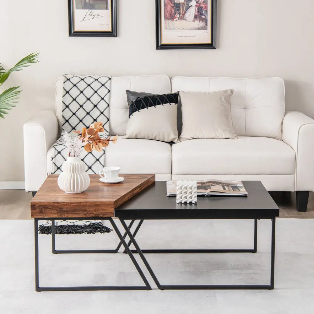 Coffee Table Set of 2 with Powder Coated Metal Legs-Black - Black - Coffee Tables