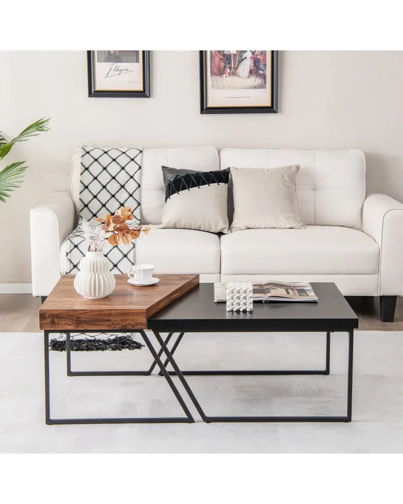 Coffee Table Set of 2 with Powder Coated Metal Legs-Black - Black - Coffee Tables