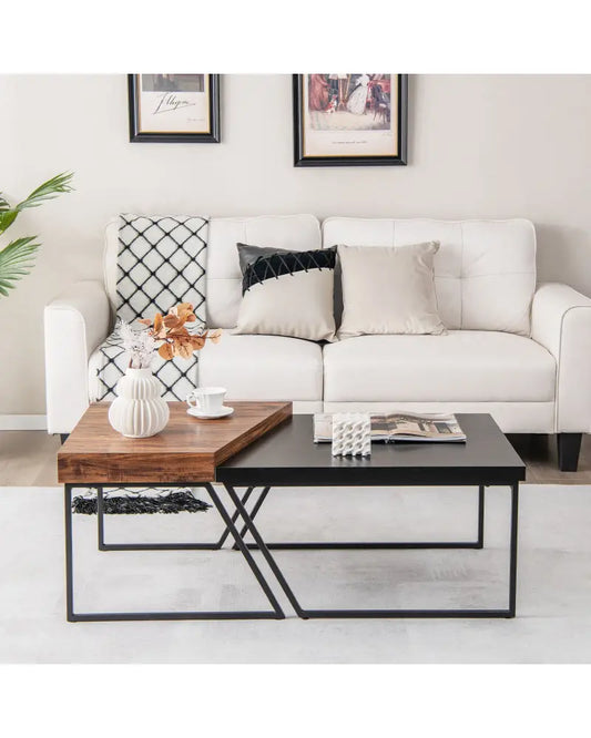 Coffee Table Set of 2 with Powder Coated Metal Legs-Black - Black - Coffee Tables