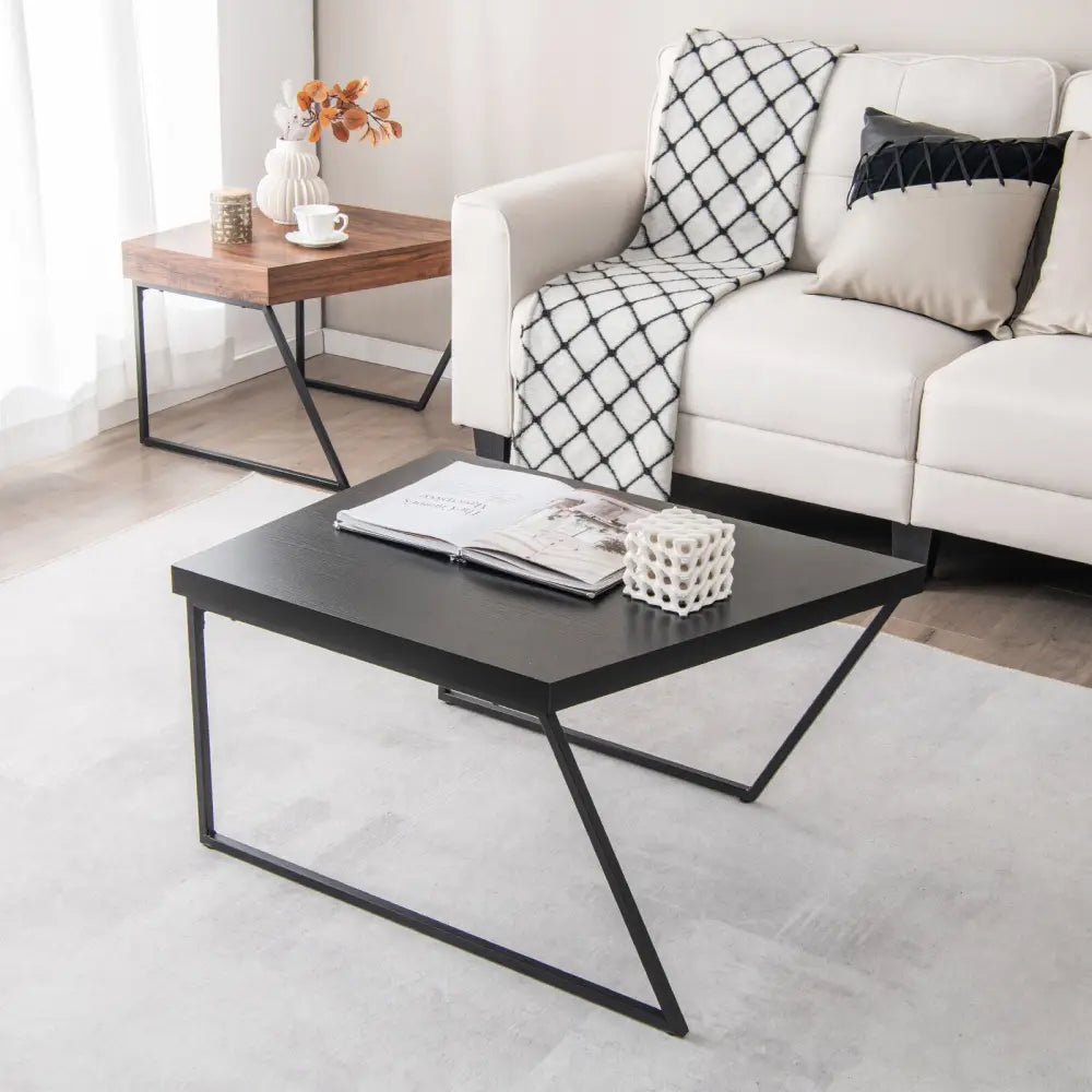Coffee Table Set of 2 with Powder Coated Metal Legs-Black - Black - Coffee Tables