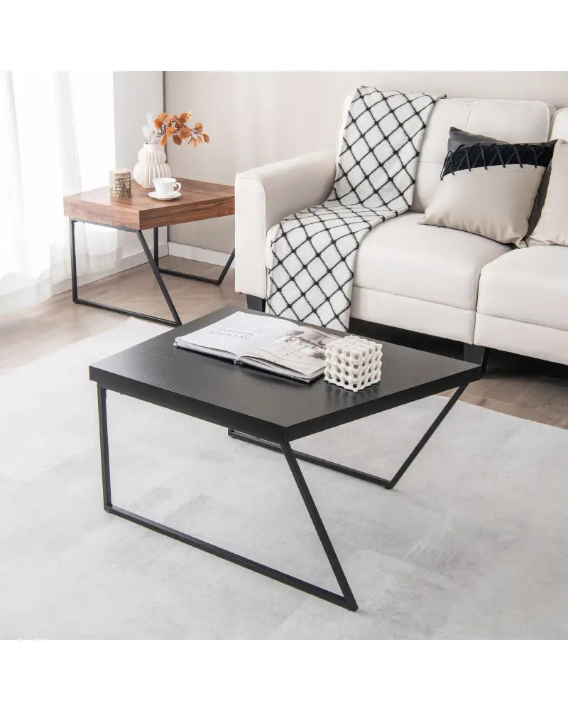 Coffee Table Set of 2 with Powder Coated Metal Legs-Black - Black - Coffee Tables