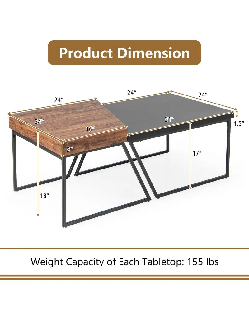 Coffee Table Set of 2 with Powder Coated Metal Legs-Black - Black - Coffee Tables