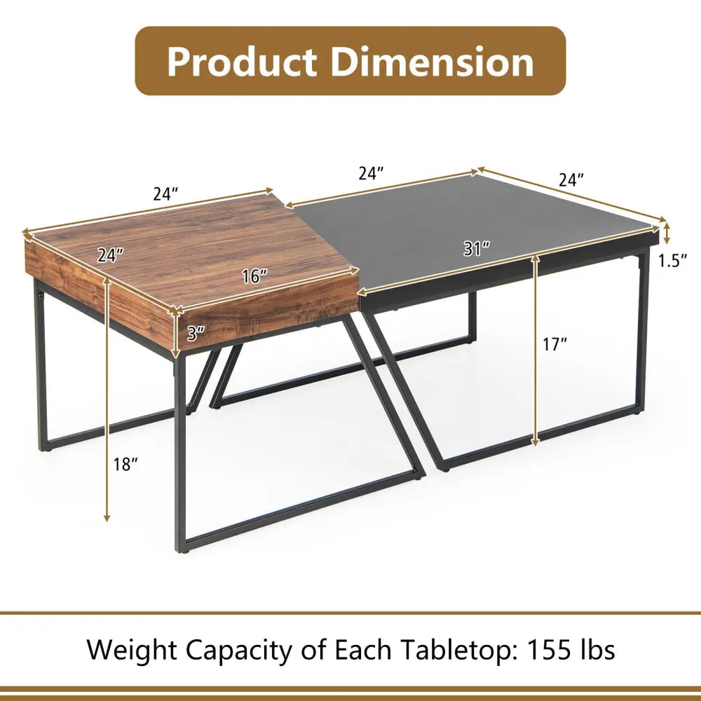 Coffee Table Set of 2 with Powder Coated Metal Legs-Black - Black - Coffee Tables