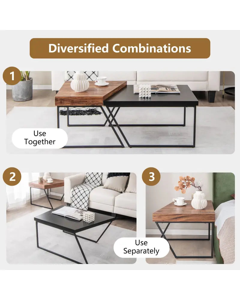 Coffee Table Set of 2 with Powder Coated Metal Legs-Black - Black - Coffee Tables