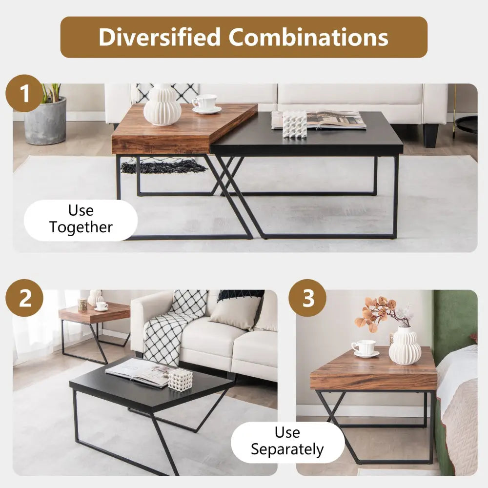 Coffee Table Set of 2 with Powder Coated Metal Legs-Black - Black - Coffee Tables