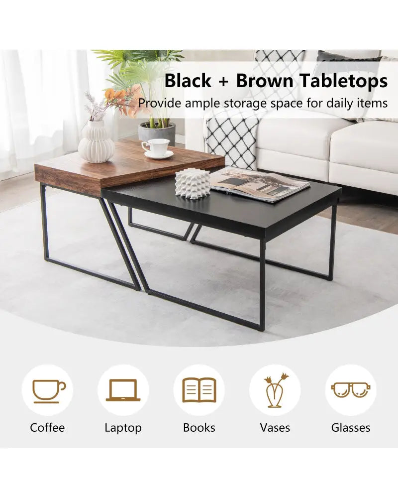 Coffee Table Set of 2 with Powder Coated Metal Legs-Black - Black - Coffee Tables
