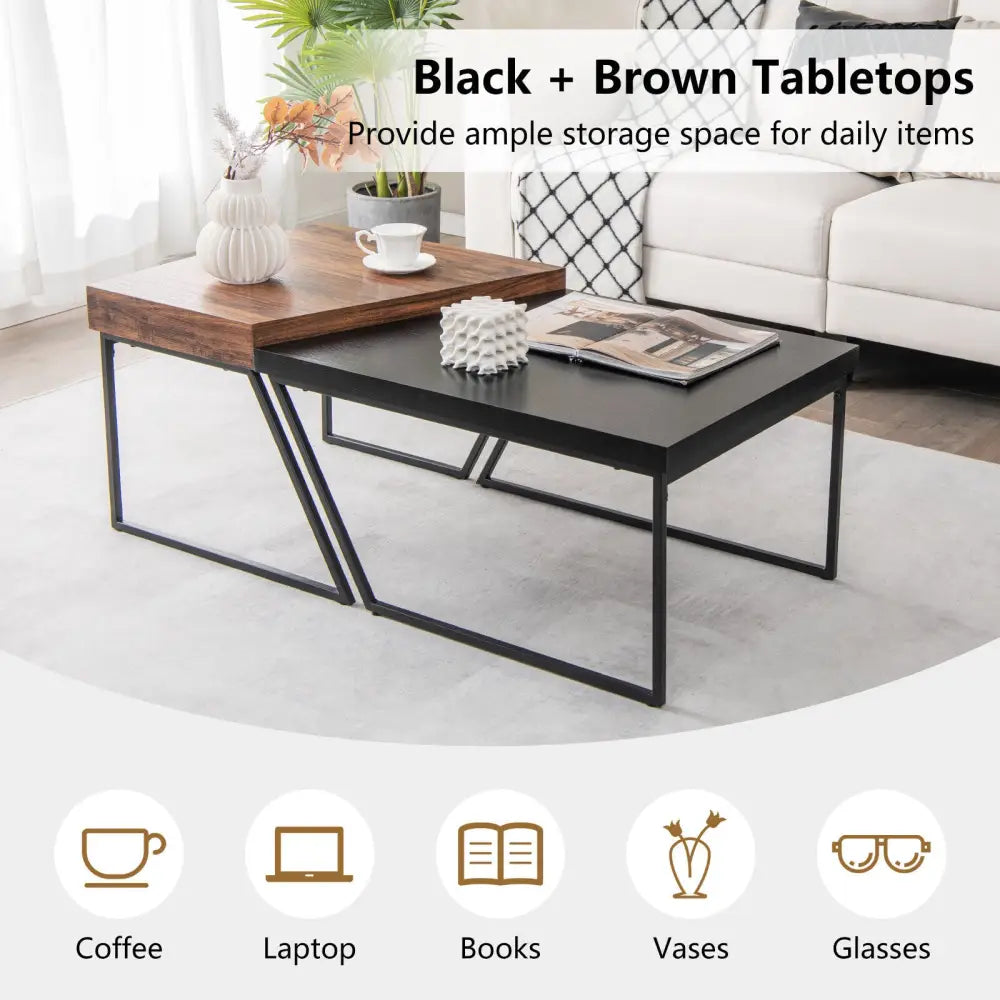 Coffee Table Set of 2 with Powder Coated Metal Legs-Black - Black - Coffee Tables