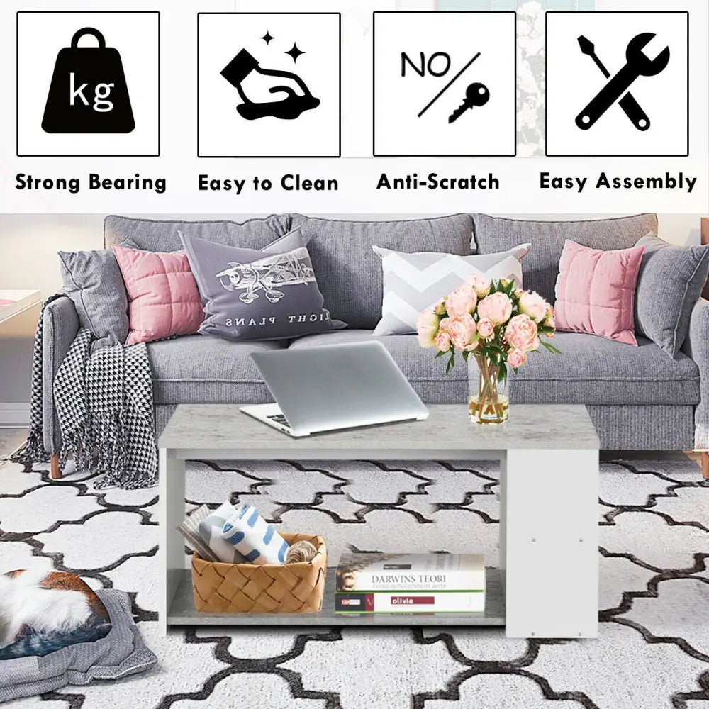 Coffee Table Sofa Side Table with Storage Shelves-Gray - Gray - Coffee Tables