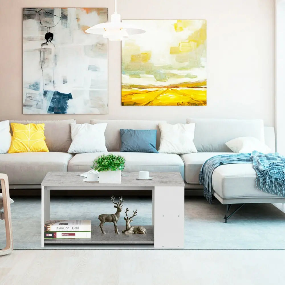 Coffee Table Sofa Side Table with Storage Shelves-Gray - Gray - Coffee Tables