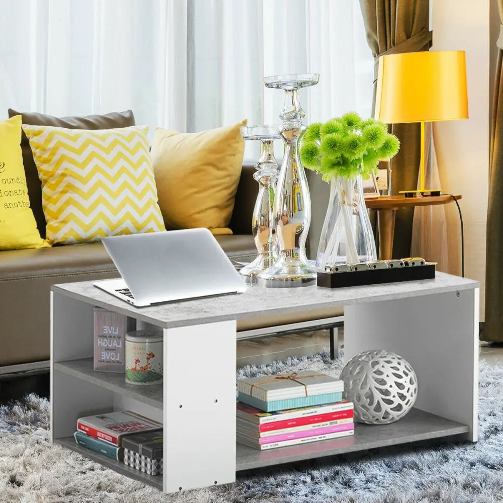 Coffee Table Sofa Side Table with Storage Shelves-Gray - Gray - Coffee Tables