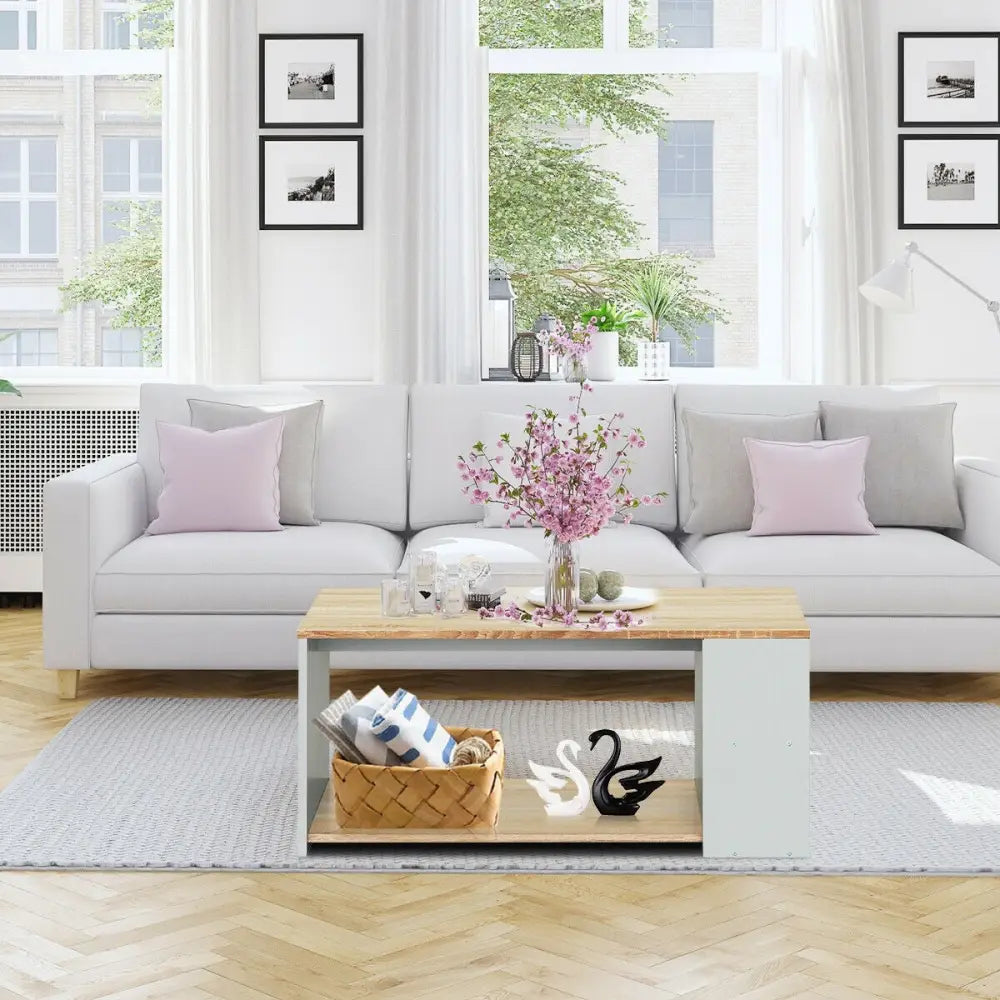 Coffee Table Sofa Side Table with Storage Shelves-Natural - Natural - Coffee Tables