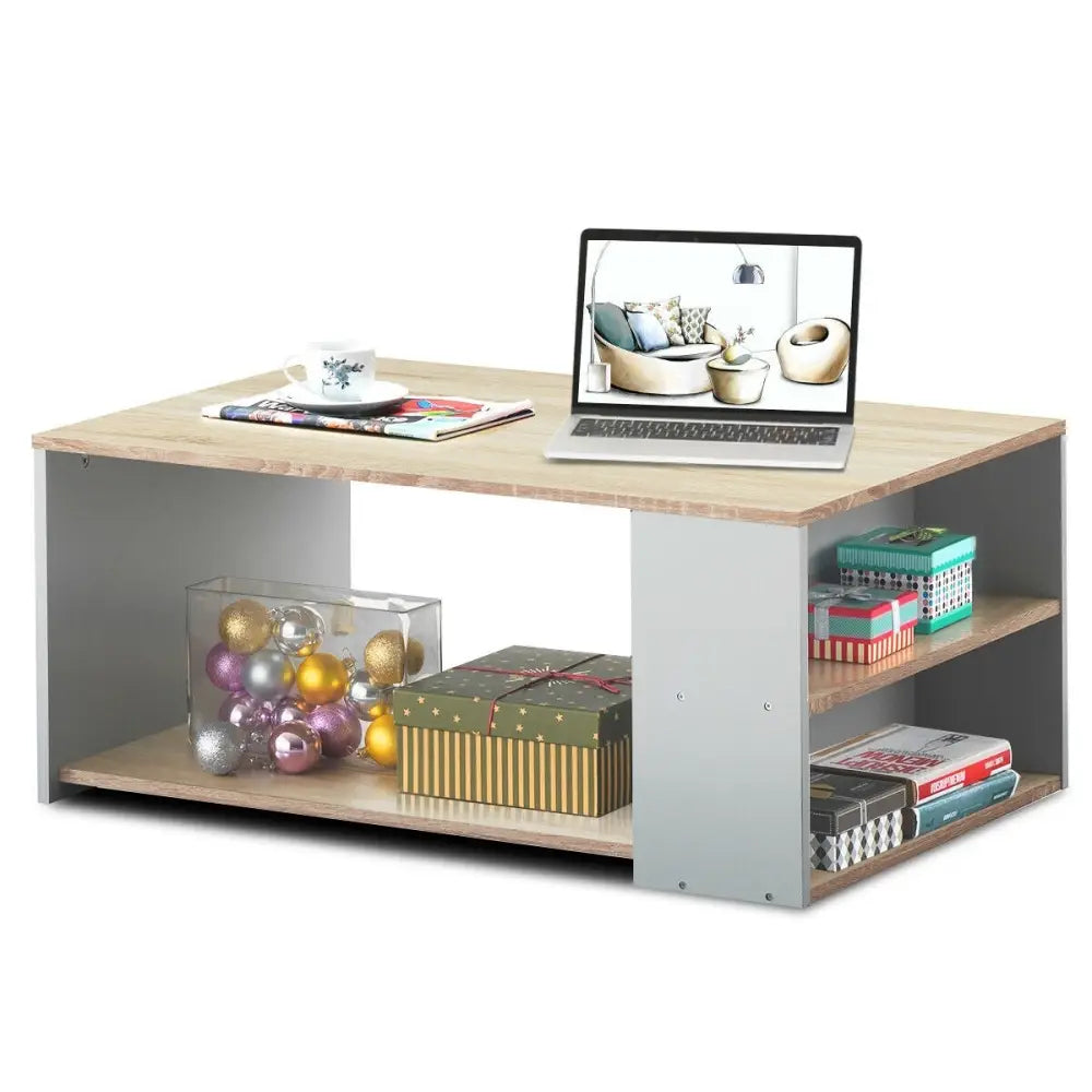 Coffee Table Sofa Side Table with Storage Shelves-Natural - Natural - Coffee Tables