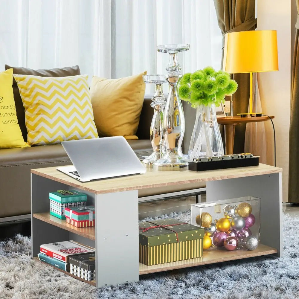 Coffee Table Sofa Side Table with Storage Shelves-Natural - Natural - Coffee Tables
