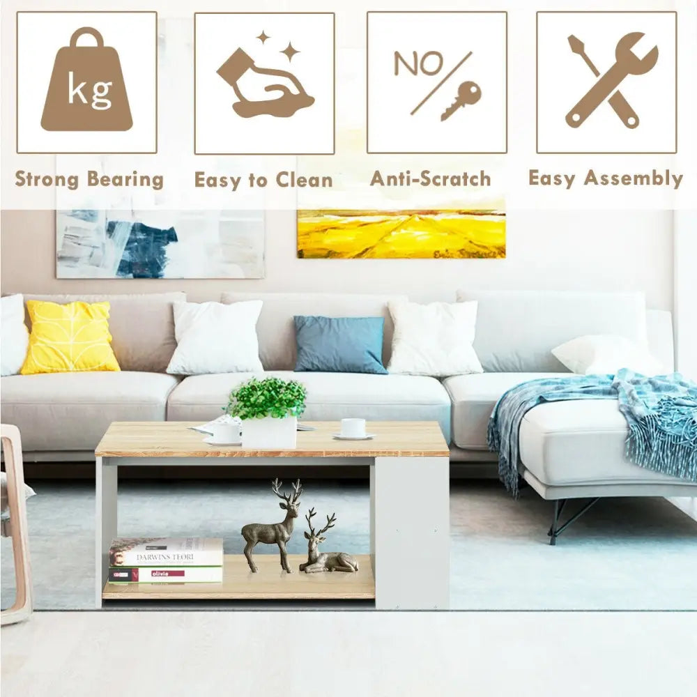 Coffee Table Sofa Side Table with Storage Shelves-Natural - Natural - Coffee Tables