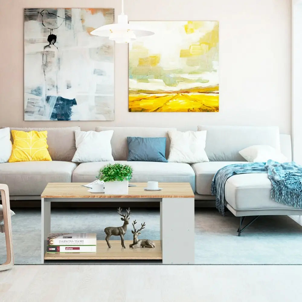 Coffee Table Sofa Side Table with Storage Shelves-Natural - Natural - Coffee Tables