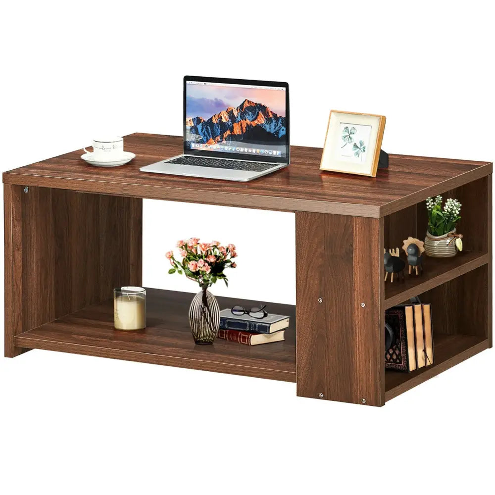 Coffee Table Sofa Side Table with Storage Shelves-Walnut - Walnut - Coffee Tables