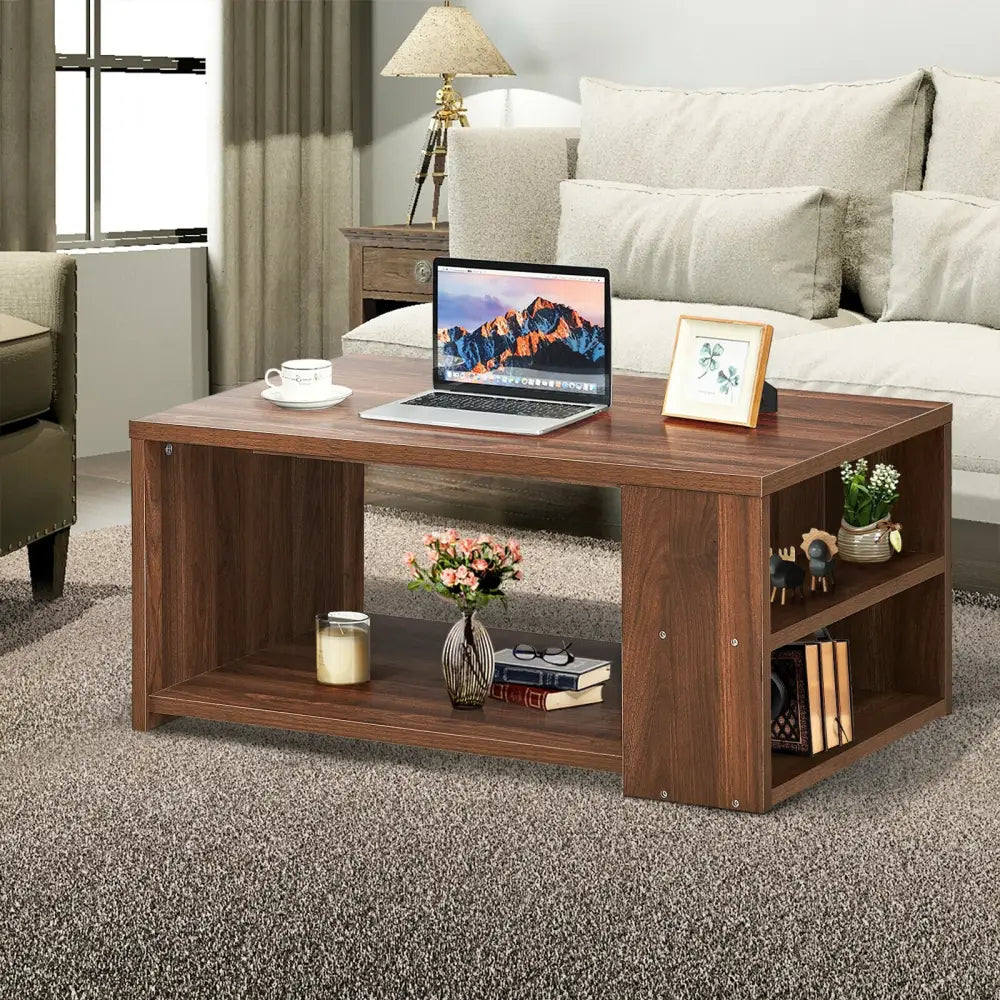 Coffee Table Sofa Side Table with Storage Shelves-Walnut - Walnut - Coffee Tables