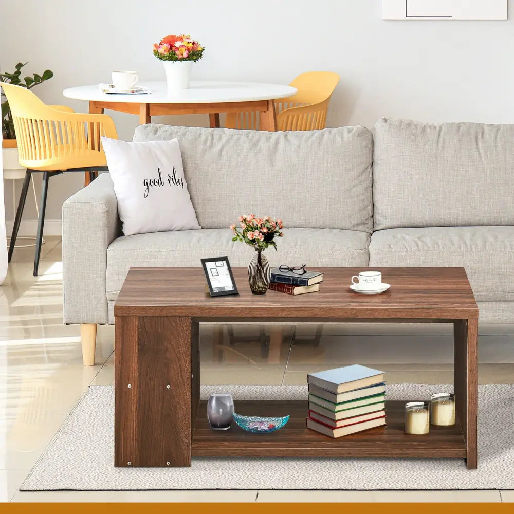 Coffee Table Sofa Side Table with Storage Shelves-Walnut - Walnut - Coffee Tables