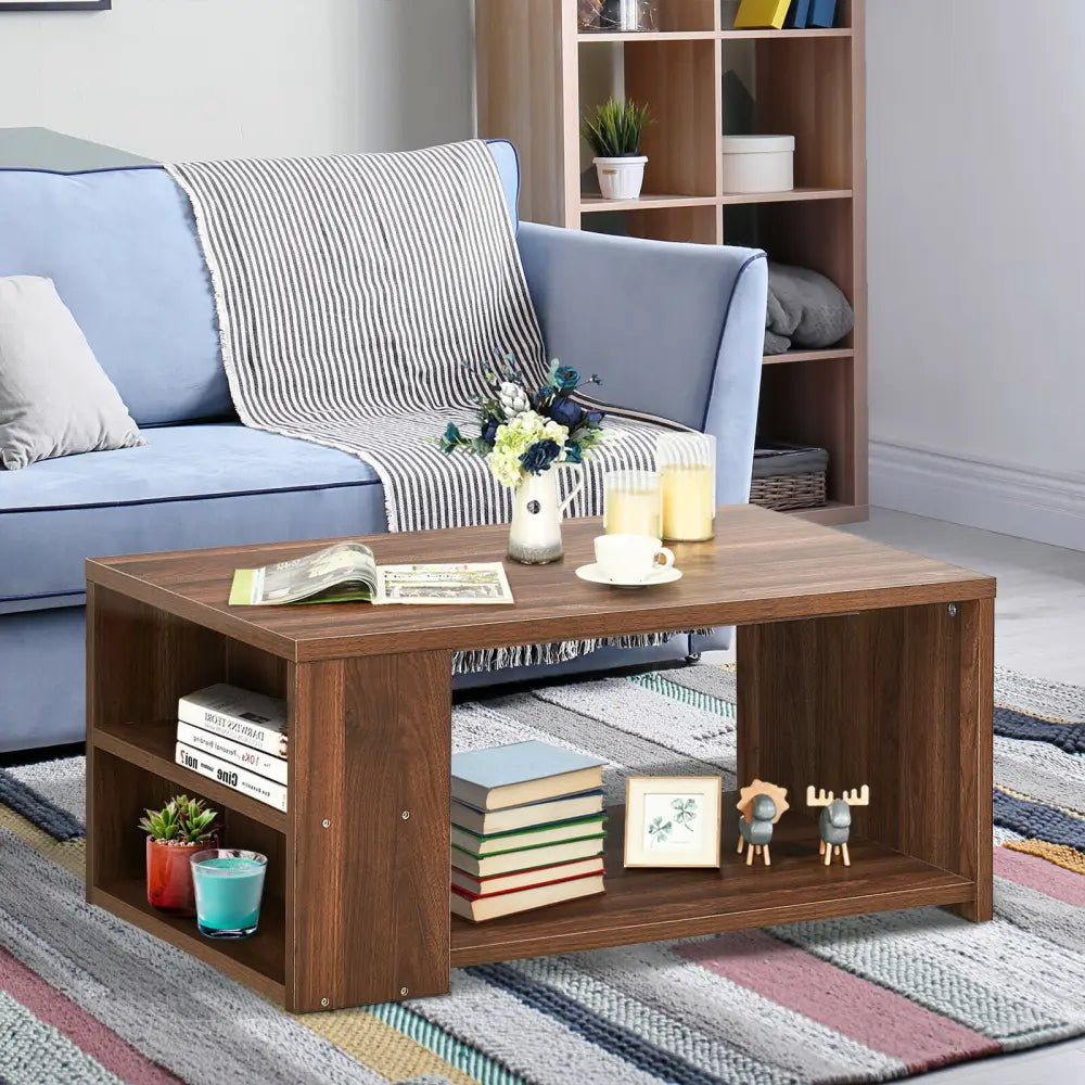 Coffee Table Sofa Side Table with Storage Shelves-Walnut - Walnut - Coffee Tables
