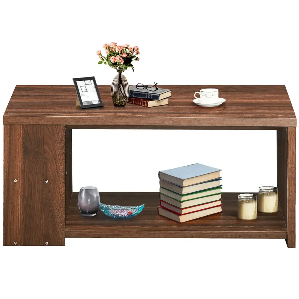 Coffee Table Sofa Side Table with Storage Shelves-Walnut - Walnut - Coffee Tables