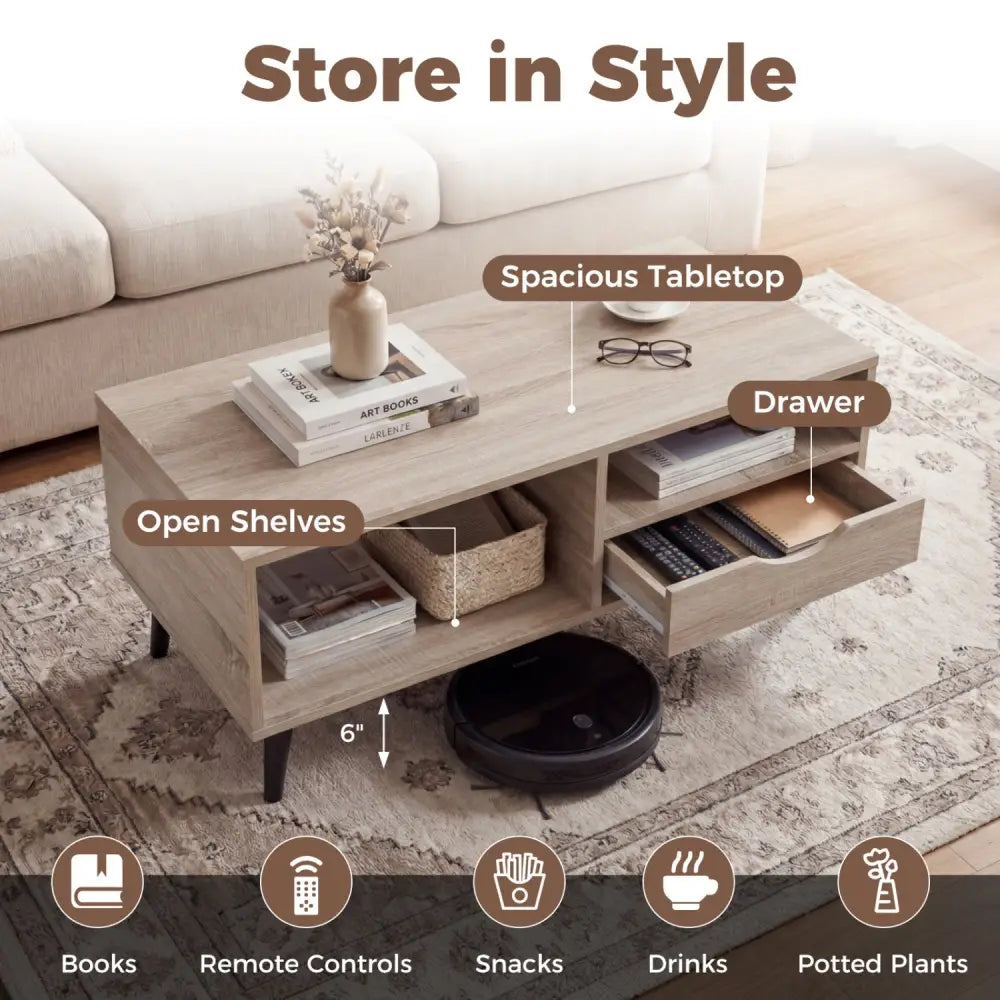 Coffee Table with Storage Rustic Rectangle Center Table-Natural - Natural - Coffee Tables