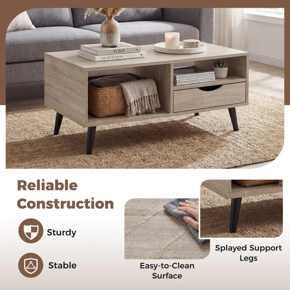 Coffee Table with Storage Rustic Rectangle Center Table-Natural - Natural - Coffee Tables