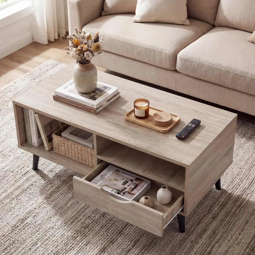 Coffee Table with Storage Rustic Rectangle Center Table-Natural - Natural - Coffee Tables