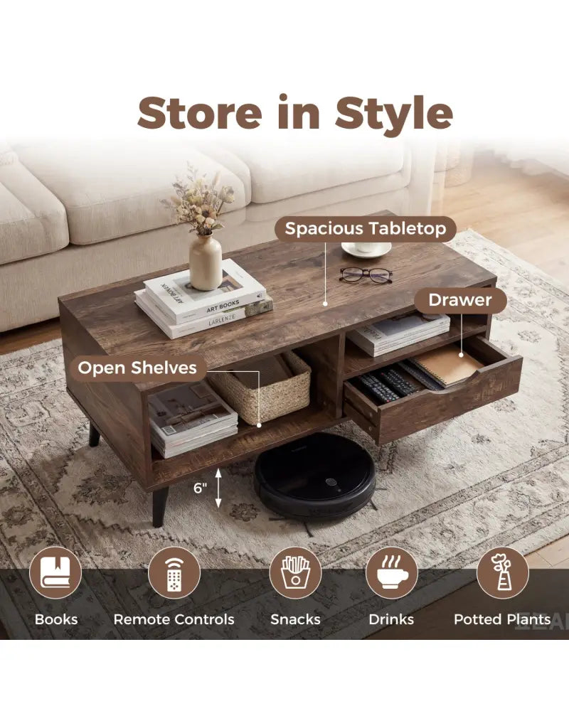 Coffee Table with Storage Rustic Rectangle Center Table-Walnut - Walnut - Coffee Tables