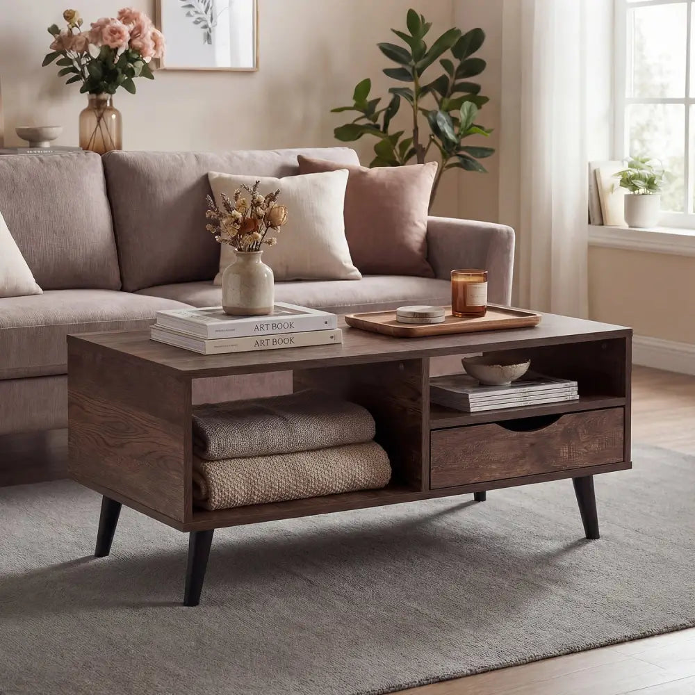 Coffee Table with Storage Rustic Rectangle Center Table-Walnut - Walnut - Coffee Tables