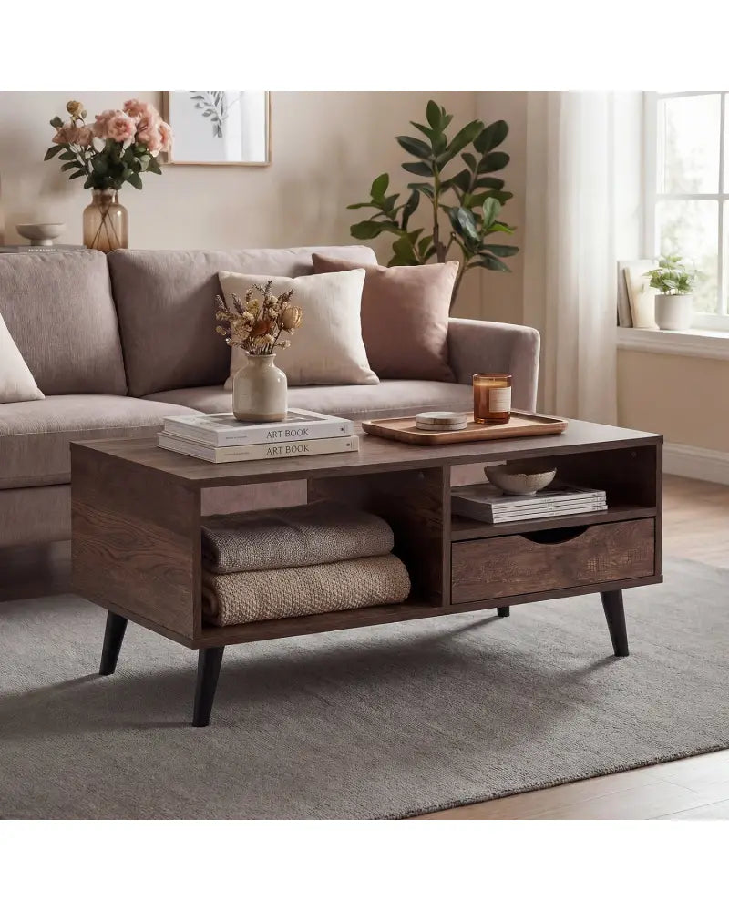 Coffee Table with Storage Rustic Rectangle Center Table-Walnut - Walnut - Coffee Tables
