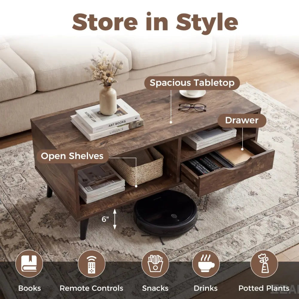 Coffee Table with Storage Rustic Rectangle Center Table-Walnut - Walnut - Coffee Tables