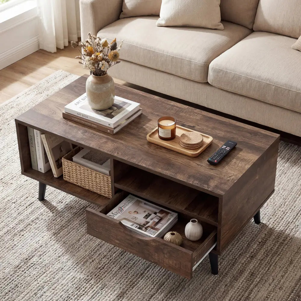Coffee Table with Storage Rustic Rectangle Center Table-Walnut - Walnut - Coffee Tables