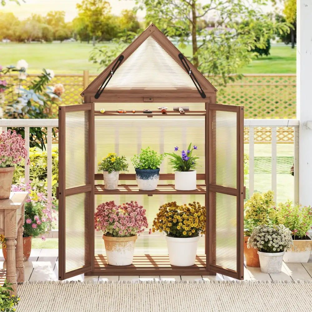 Cold Frame Mini Wooden Greenhouse for Vegetable and Flower-Brown - Brown - Outdoor