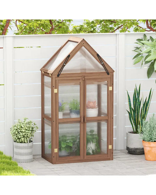Cold Frame Mini Wooden Greenhouse for Vegetable and Flower-Brown - Brown - Outdoor