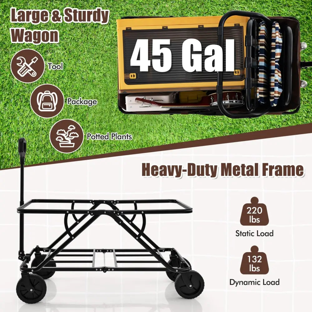 Collapsible Folding Wagon Cart with Adjustable Handlebar-Coffee - Coffee - Garden Carts