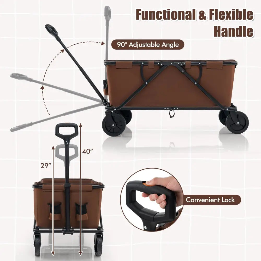 Collapsible Folding Wagon Cart with Adjustable Handlebar-Coffee - Coffee - Garden Carts