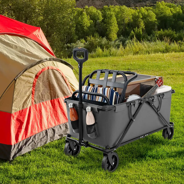 Collapsible Folding Wagon Cart with Adjustable Handlebar-Gray - Gray - Garden Carts
